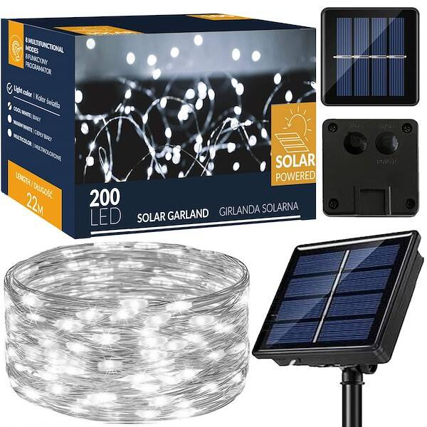 Lampki choinkowe 200 Led 22 m druciki zimny biały oświetlenie świąteczne solarne