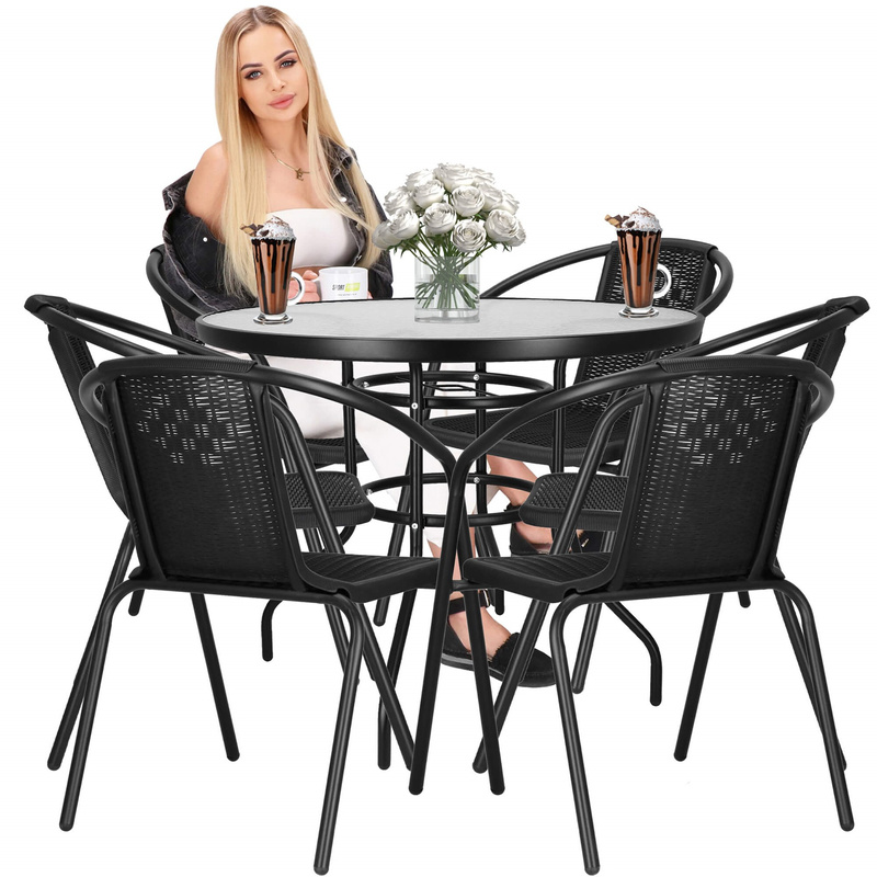 Meble tarasowe: stolik kawowy, 6 krzeseł metalowych do ogrodu czarne