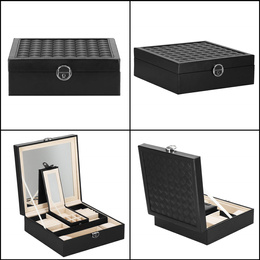 Szkatułka na biżuterię ekoskóra 25 x 25 x 8,5 cm czarny organizer z przegródkami i lusterkiem