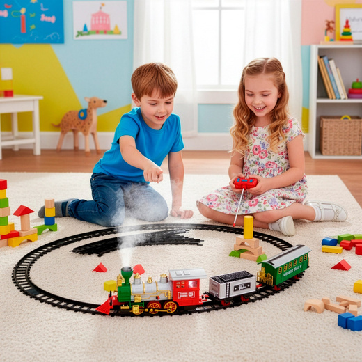 Lokomotywa z wagonami, pociąg parowy, sterowany, na baterie, tory