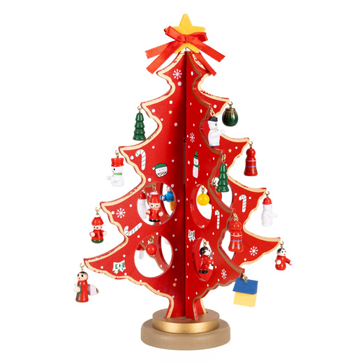 Choinka drewniana świąteczna 29 cm z figurkami dekoracja bożonarodzeniowa czerwona