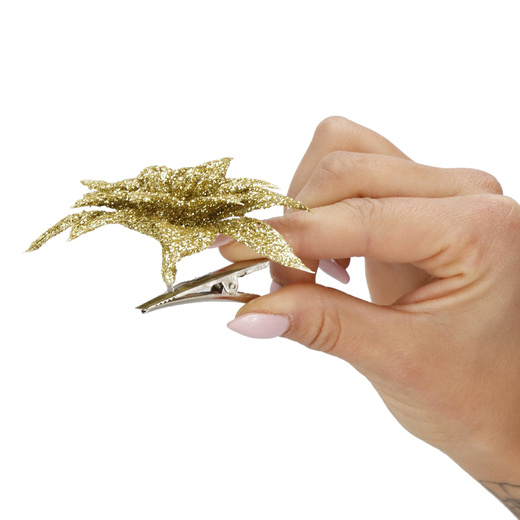 Gwiazda betlejemska 2 szt. sztuczny kwiat, poinsecja złota z brokatem, na klipsie