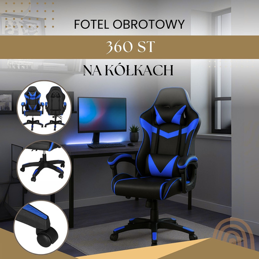 Fotel gamingowy, biurowy z regulacją nachylenia oparcia, krzesło obrotowe dla gracza, ekoskóra, czarno-niebieski
