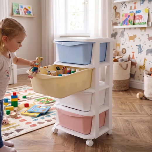 Regał na zabawki z 4 szufladami, pojemnik na kółkach, mobilny orgaznizer pastelowy
