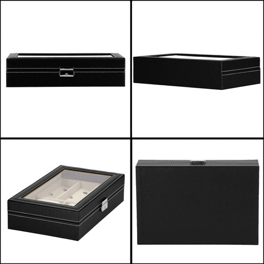Szkatułka na zegarki 30x20x8cm czarno-kremowy, ekoskóra organizer z przegródkami i lusterkiem