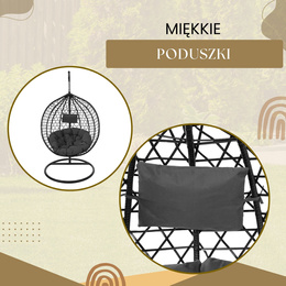Kokon ogrodowy rattanowy z poduszkami fotel wiszący bujak huśtawka na metalowym stelażu czarna