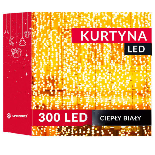 Kurtyna świetlna 300 led girlanda, lampki sople biały ciepły