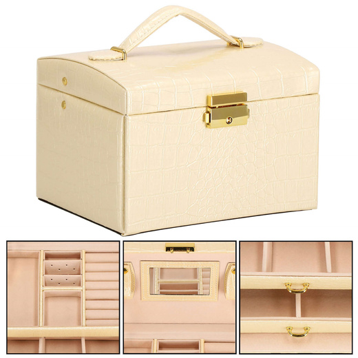 Szkatułka na biżuterię ekoskóra 17,5x14x12,5 cm ecru organizer z przegródkami