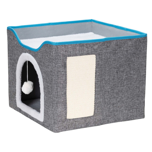 Legowisko dla kota z zabawką i drapakiem 42x41x34 cm koci domek, posłanie szare