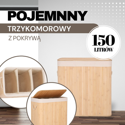 Kosz na pranie 150l z pokrywą bambusowy, trzykomorowy brązowy