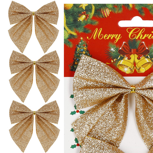 Kokardka świąteczna na choinkę 3 szt. brokatowa zawieszka choinkowa złota