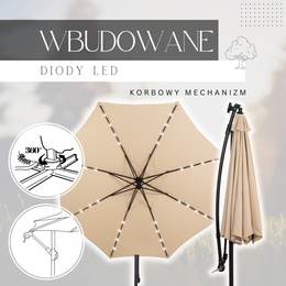 Parasol ogrodowy z oświetleniem led na wysięgniku 300 cm składany na balkon, taras ecru 
