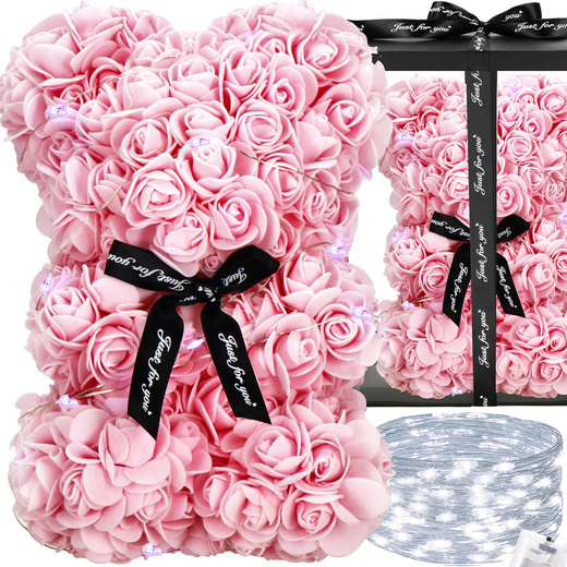 Miś z płatków róż różowy 22 cm rose bear z lampkami LED biały zimny