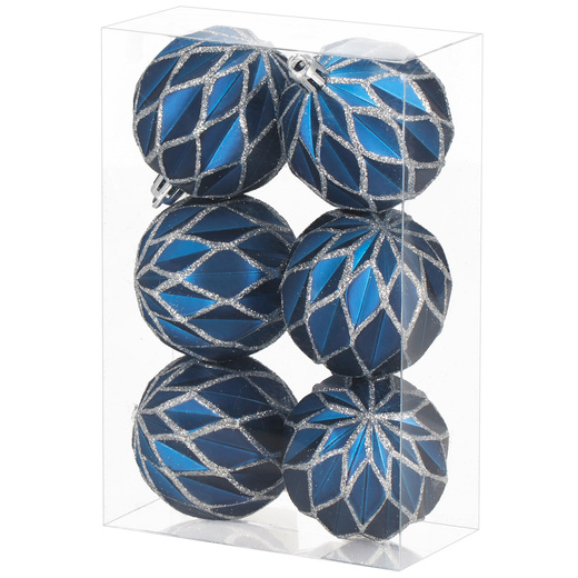 Bombki choinkowe 7 cm 6 szt.  zestaw ozdoby świąteczne zdobione matowe, niebiesko-srebrne
