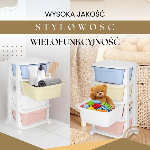 Regał na zabawki z 4 szufladami, pojemnik na kółkach, mobilny orgaznizer pastelowy