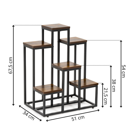 Kwietnik, regał na kwiaty, rośliny 67,5 cm stojący, metalowy 6 półek, ciemnobrązowy