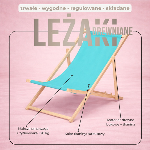 Leżak ogrodowy, drewniany z 3-stopniową regulacją, plażowy, balkonowy, turkusowy