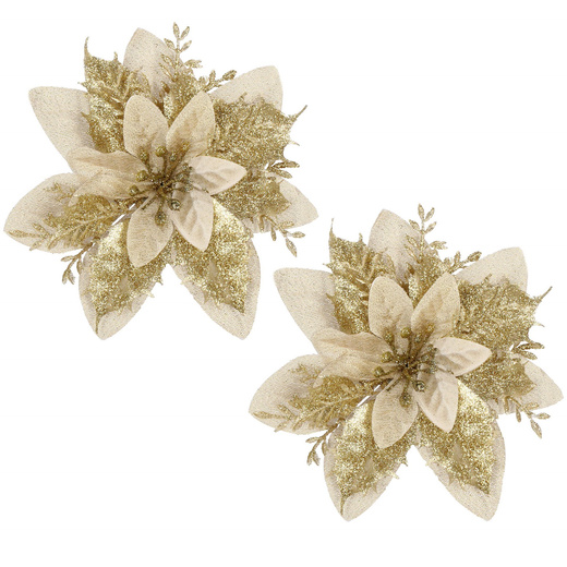 Gwiazda betlejemska, sztuczny kwiat, poinsecja kremowo-złota z brokatem na klipsie