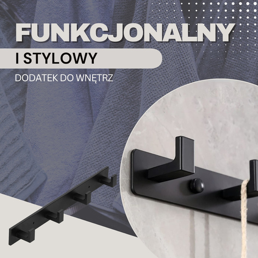 Wieszak łazienkowy ścienny z 4 haczykami do przedpokoju, kuchni aluminiowy czarny