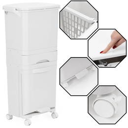 Kosz na śmieci, trzykomorowy 42 l do segregacji odpadów, na kółkach, biały