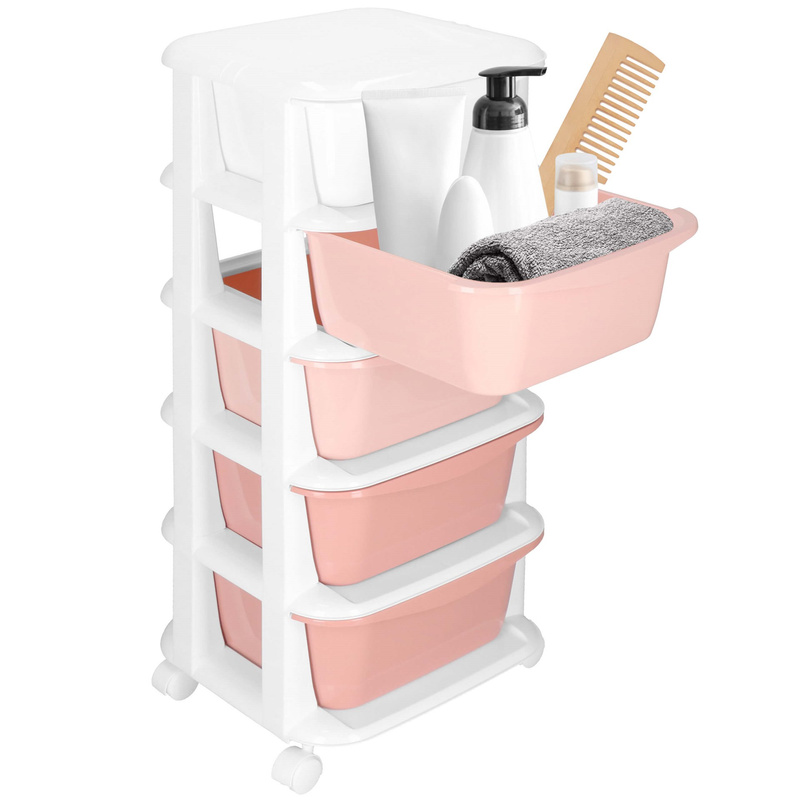 Regał mobilny z 5 szufladami szafka na kółkach na zabawki różowo-biała