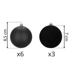 Bombki choinkowe 9 szt. zestaw dekoracji świątecznych 8,5 cm nietłukące, zamszowe, czarne