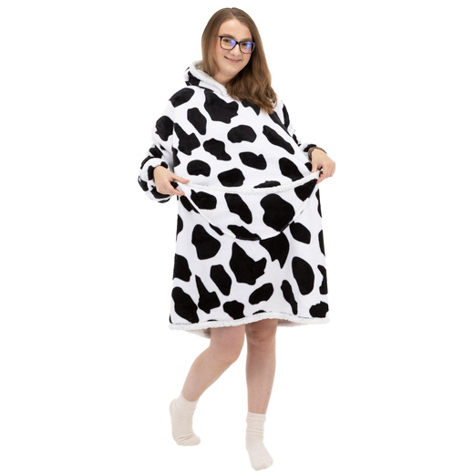 Kocobluza damska oversize koc bluza 2w1 z kapturem ciepła szlafrok futrzak czarno-biały