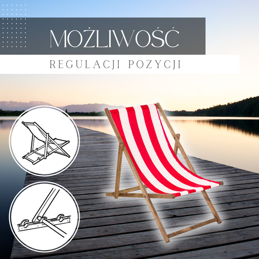 Leżak drewniany impregnowany z tkaniną czerwono-biały