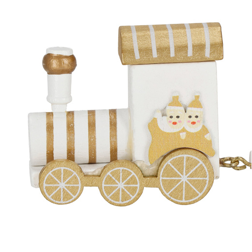 Drewniany pociąg z wagonikami, dekoracja, ozdoba świąteczna, wystrój wnętrz biało-złoty