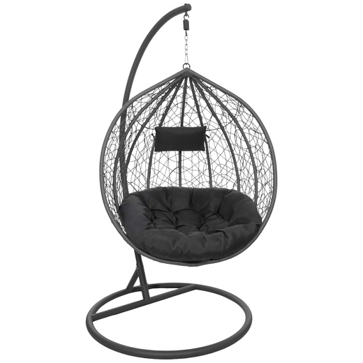 Kokon ogrodowy rattanowy z poduszkami fotel wiszący bujak huśtawka na metalowym stelażu szara
