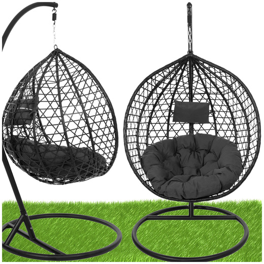 Kokon ogrodowy rattanowy z poduszkami fotel wiszący bujak huśtawka na metalowym stelażu czarna