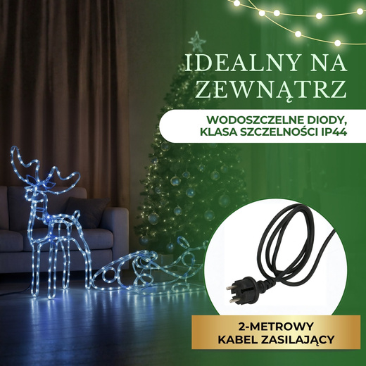 Renifer Led świąteczny z saniami 210 cm świetlna dekoracja biały zimny + flash