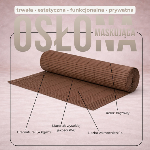 Osłona PVC maskująca 500x140 cm, profile zestaw na balkon, taras, ogrodzenie brązowe