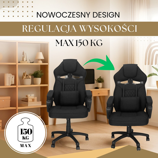 Fotel gamingowy, biurowy z regulacją wysokości, krzesło obrotowe dla gracza, czarny