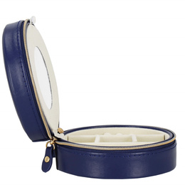 Szkatułka na biżuterię okrągła 11x5 cm granatowy organizer z przegródkami ekoskóra