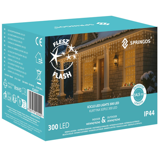 Kurtyna świetlna 300 led girlanda, lampki wewnętrzno-zewnętrzne sople ciepły biały z zimnym białym flash