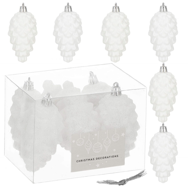 Zawieszki choinkowe szyszki 6 szt. ozdoby świąteczne 9,5 cm bombki biały brokat