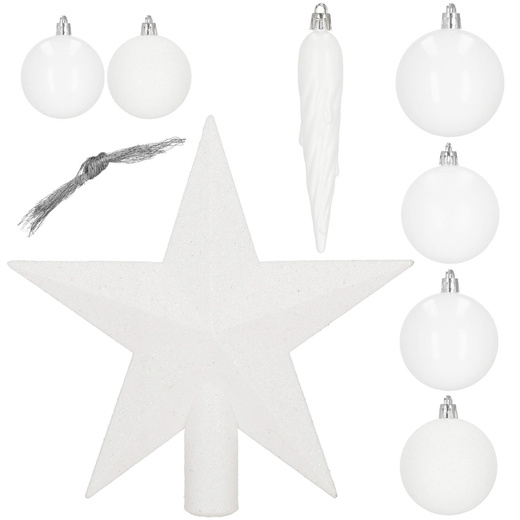 Bombki choinkowe 33 szt. ozdoby świąteczne zestaw z gwiazdą białe