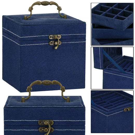 Szkatułka na biżuterię ekoskóra 12x12x12 cm granatowy, welurowy organizer z przegródkami