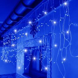 Kurtyna świetlna 300 led girlanda, lampki wewnętrzno-zewnętrzne 14,5 m sople niebieski z zimnym białym flash