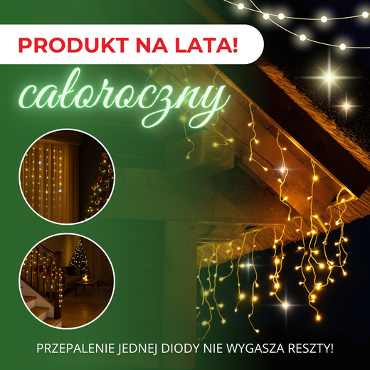 Kurtyna świetlna 500 led girlanda, lampki zewnętrzne sople ciepły biały + flash