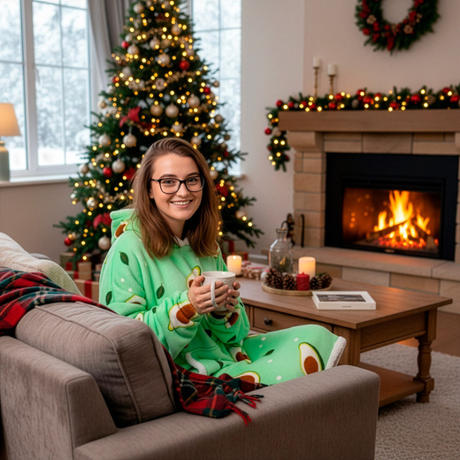 Kocobluza damska oversize koc bluza 2w1 z kapturem ciepła szlafrok futrzak zielony