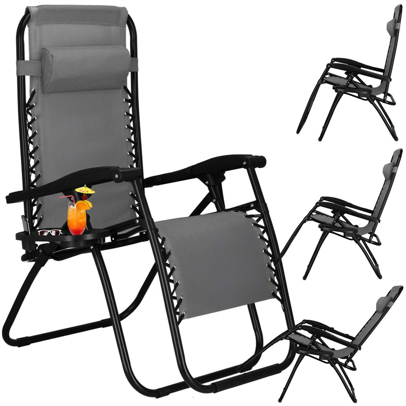 Leżak zero gravity z zagłówkiem i półką na napoje składany ogrodowy ciemny szary