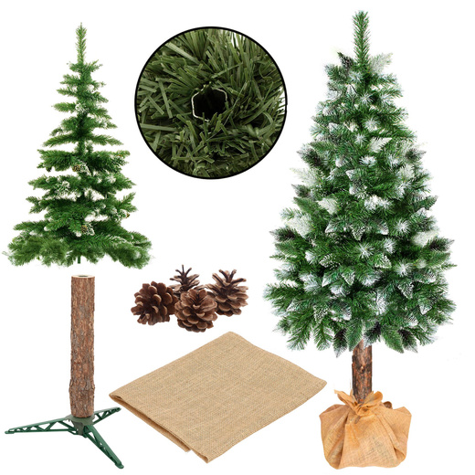 Choinka na pniu 220 cm sztuczna sosna diamentowa ośnieżona premium ze stojakiem i jutą