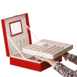 Szkatułka na biżuterię ekoskóra 26x26x8,5 cm czerwony organizer z przegródkami