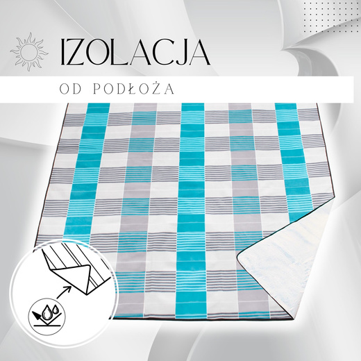 Koc plażowy piknikowy 300x200 cm mata niebieska krata