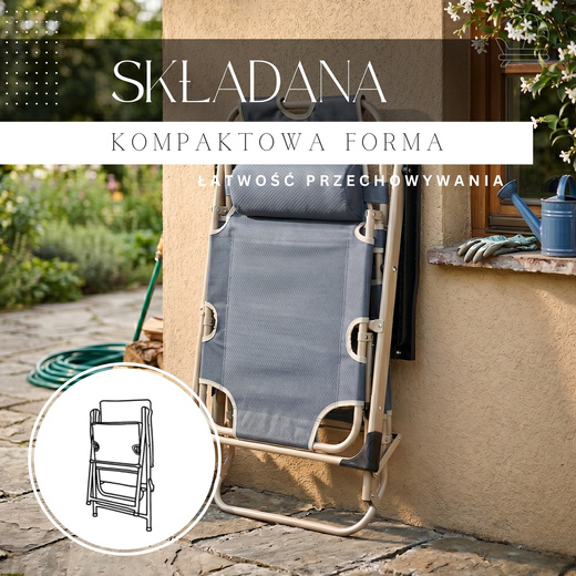 Leżak składany, metalowy zero gravity regulowana, leżanka ogrodowa szara
