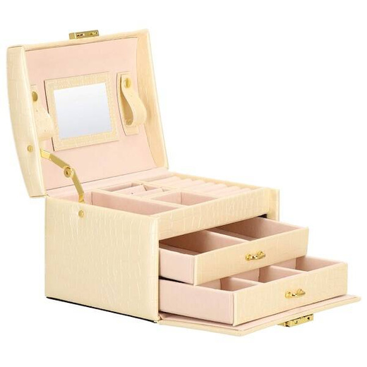 Szkatułka na biżuterię ekoskóra 17,5x14x12,5 cm ecru organizer z przegródkami