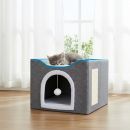 Legowisko dla kota z zabawką i drapakiem 42x41x34 cm koci domek, posłanie szare
