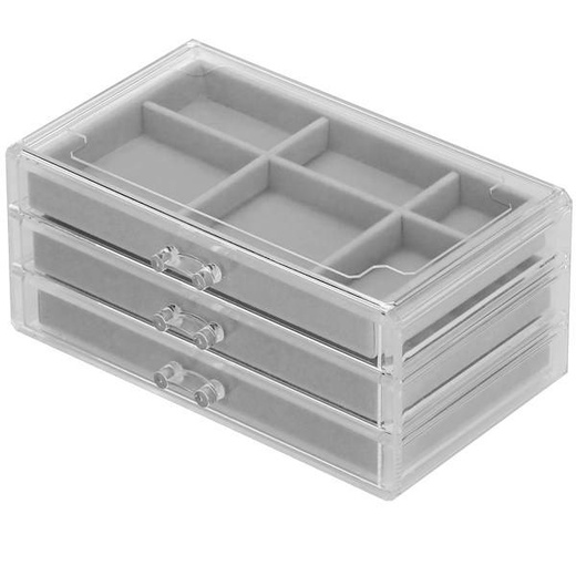 Szkatułka na biżuterię 23x14x11 cm szary welurowy organizer z przegródkami 